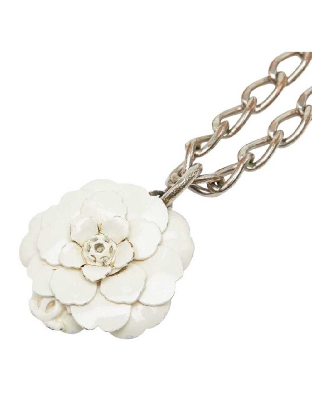 Chanel CC Logo Camellia Motif Necklace Silver White Metal